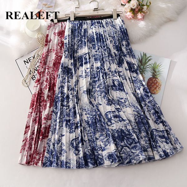 

realeft new arrival women floral printed vintage pleated long skirts high waist harajuku tulle a-line mid-calf skirts for ladies, Black