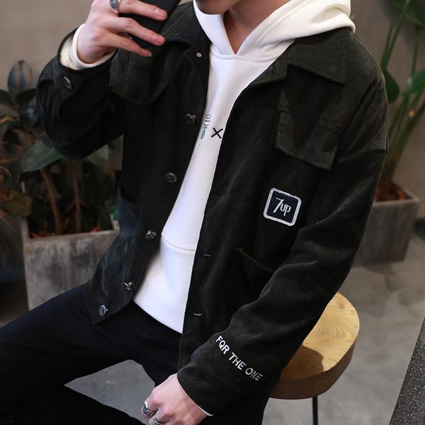 

2019 new spring corduroy jacket men fashion sleeve embroidery casual slim jackets coats mens pockets design brand clothing 3xl, Black;brown
