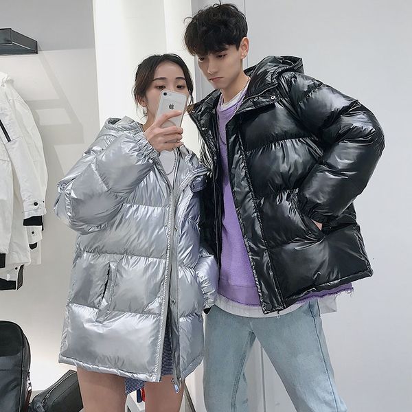 

winter bright jacket men's warm fashion thick parka men solid color casual hooded coat man wild loose cotton jacket clothes, Black