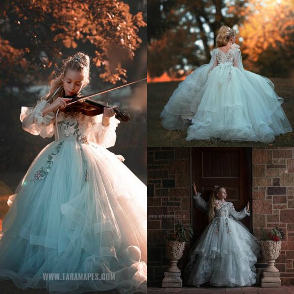 

2020 light blue bohemian flower girl dresses for wedding lace jewel neck girls pageant dress appliqued a line birthday party gowns, White;blue