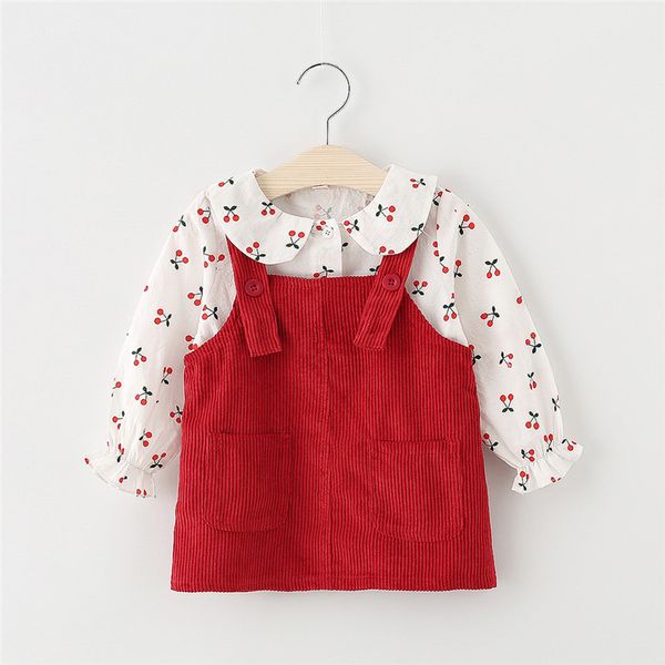 

Baby Girl Dress Autumn Baby Princess Clothes Cute Print Cherry Long Sleeve T-shirt Tops With Corduroy Dress 2pcs Clothes Suits