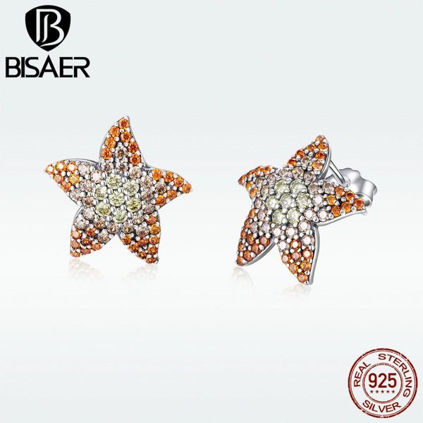 

bisaer ocean style 925 sterling silver clear cz starfish earrings for women summer beach earrings brincos accessories hse449, Golden;silver