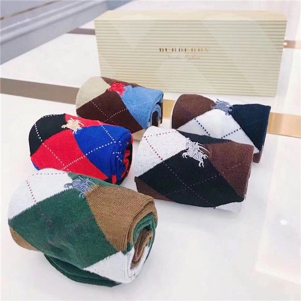 

winter new luxurious brands design bbr embroiderd warhorse cotton breathable fashion chaussettes men women sport socks 5 pairs, Black