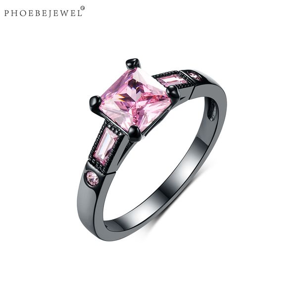 

phoebejewel luxury female pink zircon stone black color rings bridal wedding promise women fashion jewelry, Golden;silver