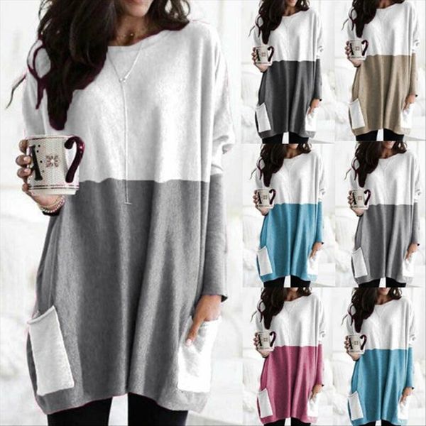 

20192 color stitching pocket medium loose sleeve t-shirt female 20192 color stitching pocket medium long loose long sleeve t-shirt female, White