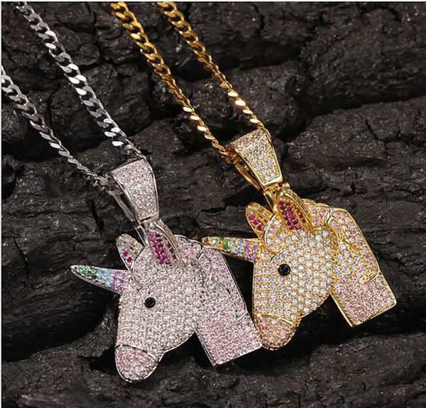 Hip Hop Buzlu Out Unicorn Kolye Kolye Bling Elmas Halat Zincir Moda Unicorn Hayvan Rapçi Aksesuarları