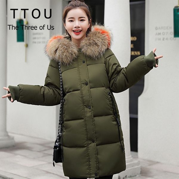 

ttou fashion parka women winter hat colored collar big fur down parka thicken long coat casual hooded jacket overcoat size 3xl, Tan;black