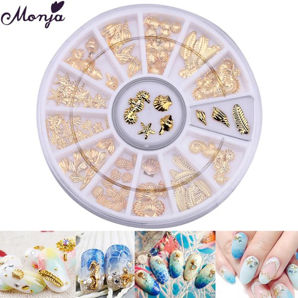 

monja 12 grid nail art marine life starfish sea horse shell feather 3d metal gold rivet studs decoration accessories wheel, Silver;gold