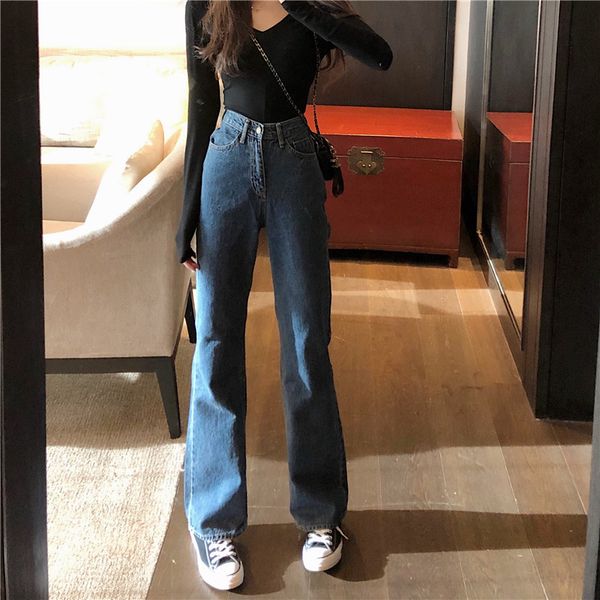 

womens high waist jeans wide leg loose fit leisure vogue denim full length straight casual jeans spring summer, Blue