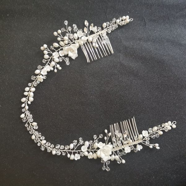 

slbridal crystal rhinestones freshwater pearls flower wedding headband hair vine with comb bridal hair accessories women jewelry, Golden;white