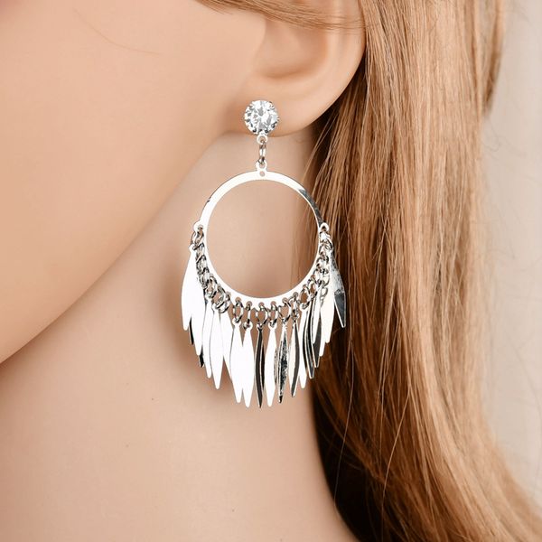 

retro exaggerated atmospheric selling rhinestone geometry alloy metal leaves tassel earrings for women e206, Golden