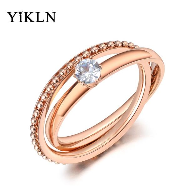 

yikln original design 2 in 1 cubic zirconia rings jewelry titanium stainless steel cz crystal wedding ring for women yr19110, Slivery;golden