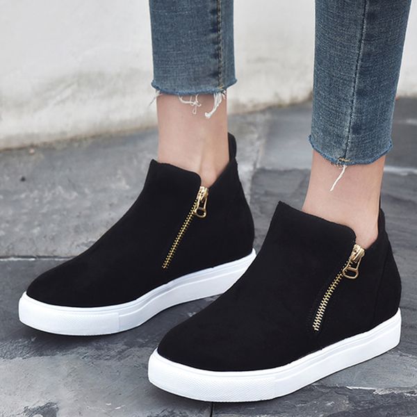 

women ankle boots flock casual flat shoes solid zipper single shoes round toe booties plus size botas mujer invierno 2019 new, Black