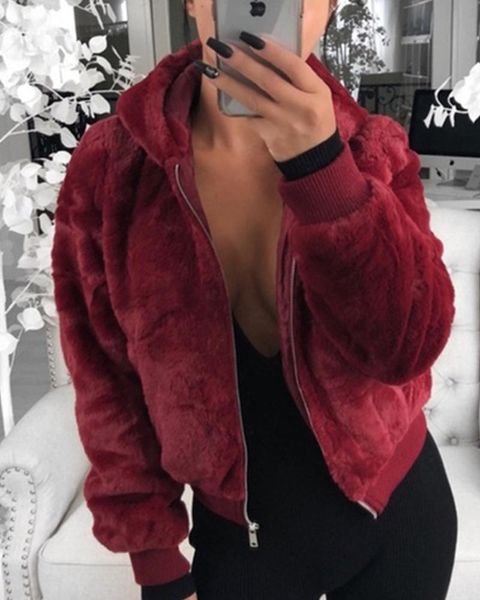 

women plush fur faux fur coat autumn winter long sleeve hooded solid casual faux coats, Black
