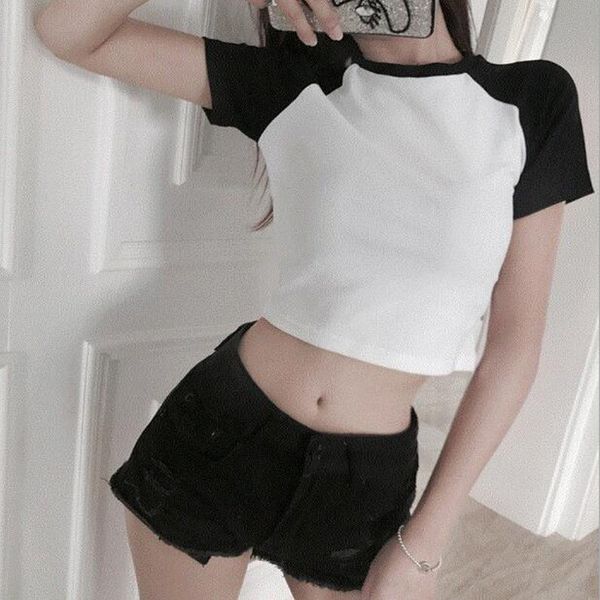 

spring summer new women t-shirt patchwork color short sleeve o neck short length women casual slim t shirt femme, White