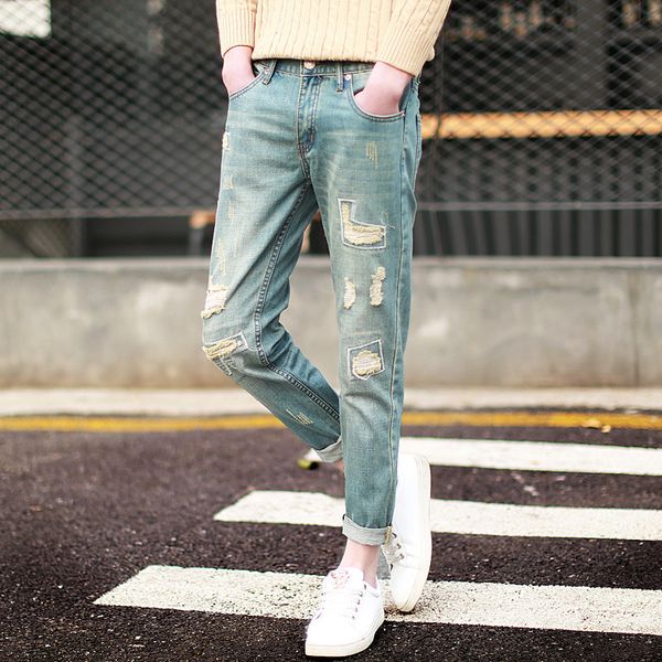 

fashion 2017 spring summer harem vintage hip hop patch ripped hole distressed moustache effect ankle length men's pencil jeans, Blue