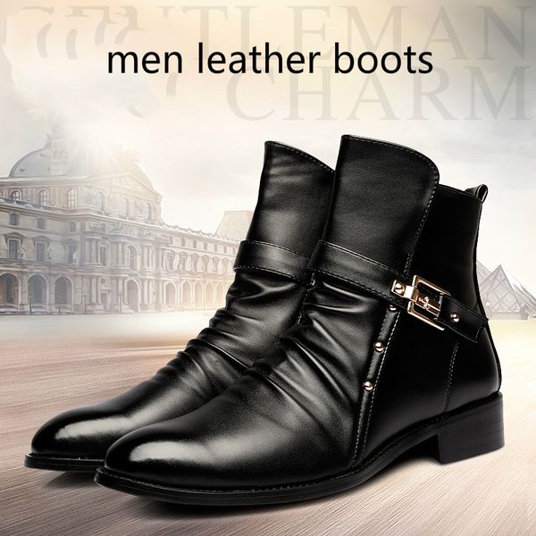 

men fashion soft leather boots motorcycle punk ankle boot young gentlemen pointed toe shoes bota masculina zapatos hombre male, Black