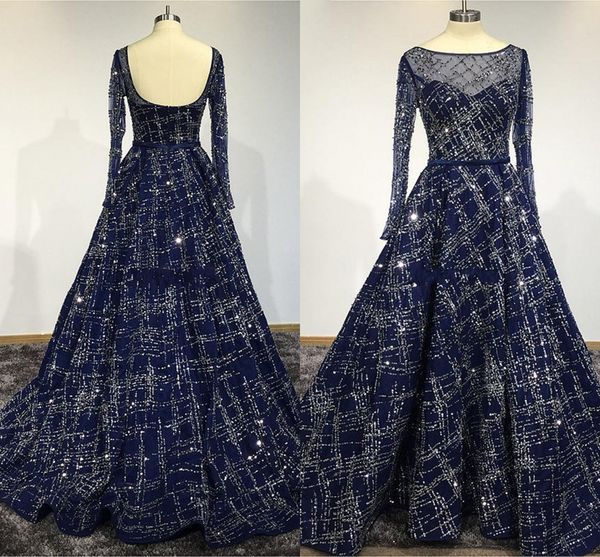 

Dark Navy 2019 Sexy Scoop Sheer Neck Women Prom Dresses Shining Luxury Long Sleeve Illusion Dress Hot Sale vestidos de quinceañera A72