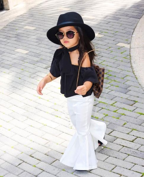 

2019 girls set and pants 2 pieces summer stripes ribbon short sling fashion hole pants european style children's suits, White