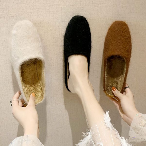 

female shoes womens slippers outdoor platform luxury slides low flock mules cover toe fur flip flops 2019 designer soft, Black