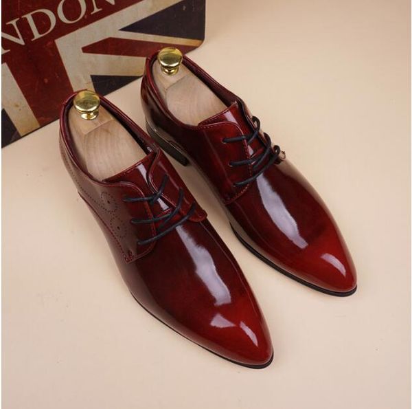 

patent leather pointed toe shoes men lace up retro oxfords shoes dress formal men office, Black