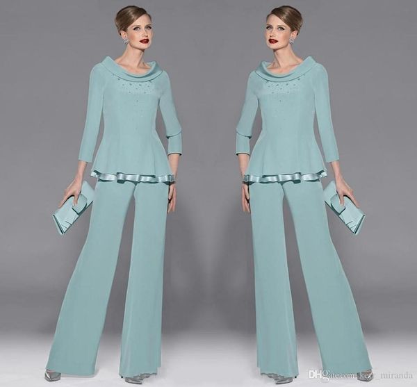 

graceful mint green chiffon mothers pants suit jewel neckline long sleeve with beads and sequins two pieces for wedding party guest dresses, Black;red