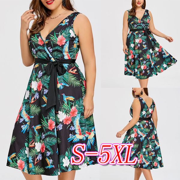 

женское дизайнерское платье большой безрукавный пояс тропическое растение печати платье с поясом, Black;gray