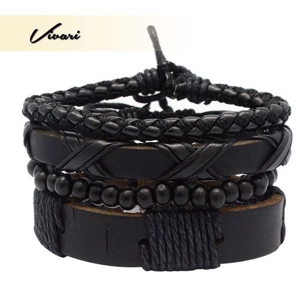 

vivari 2020 men's vintage black multilayer leather bracelet woven hand wristband punk rope double row bead fashion jewelry