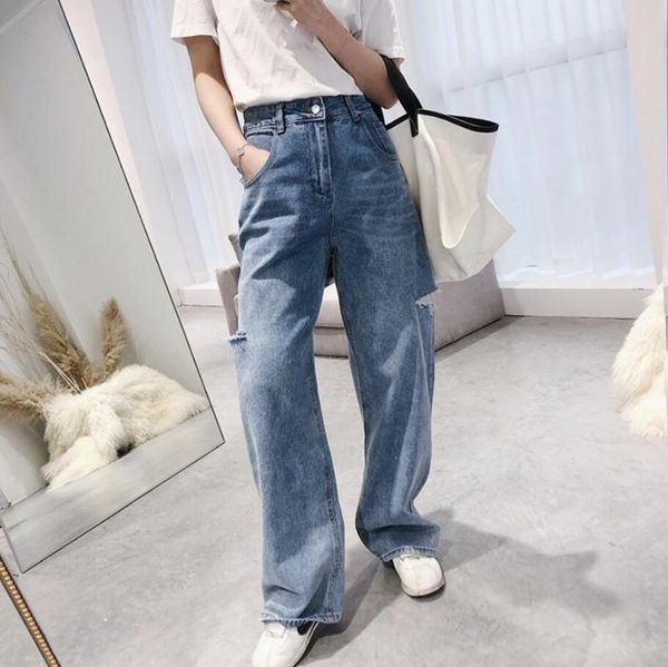 

women's jeans 2021 spring streetwear straight hole women high waist casual vintage loose all match denim pants full trousers r530, Blue
