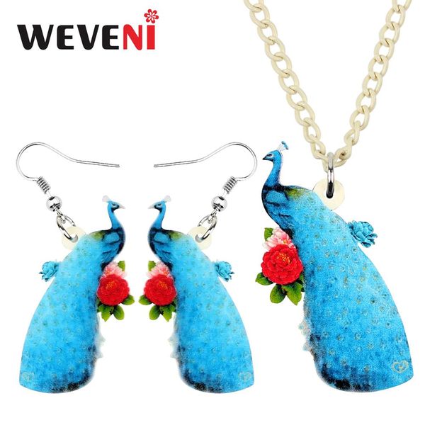 

weveni acrylic elegant blue peacock flower necklace earrings jewelry sets sweet kids girls teens charms party gift decorations, Silver