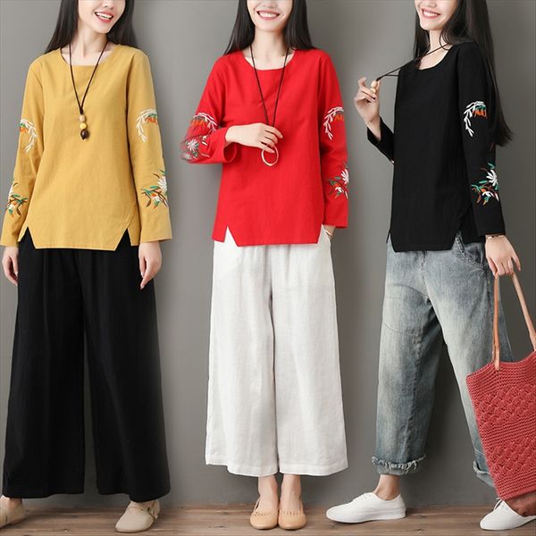 

artistic loose embroidered round collar long sleeve and t-shirt women's t-shirt cotton linen embroidered cotton and linen slim fashion, White