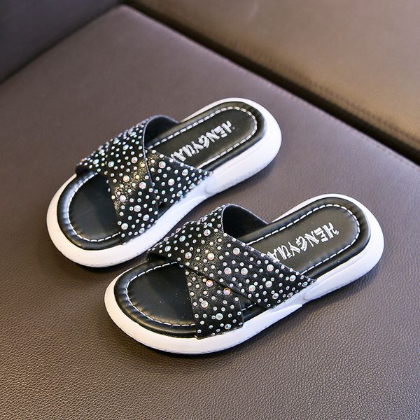 

new fashion summer children' sequined beach slippers casual with rhinestone flats for medium big kids girls crystal beach shoes, Black;grey