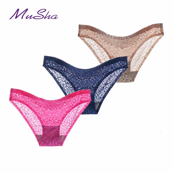 

3 pieces a lot bikini lace panties seamless cotton breathable hollow out briefs plus size girl underwear, White;black