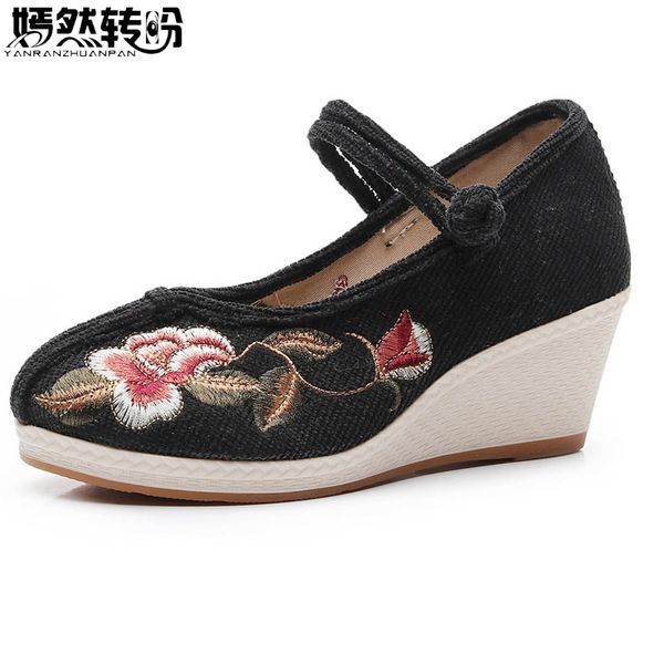 

women vintage pumps mid-heel ladies floral embroidery wedges shoes ethnic dance platform shoes for ladies woman, Black