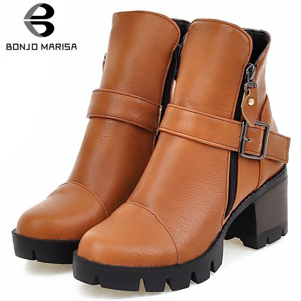 

bonjomarisa big size 34-43 ladies high wide heels ankle boots women 2019 comfort platform boots elegant shoes woman, Black