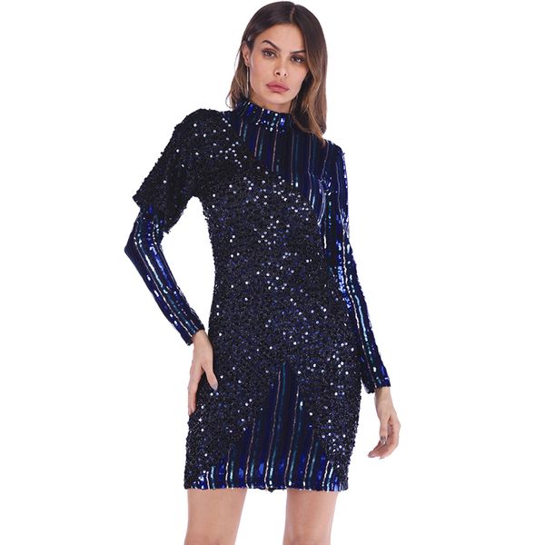 

women bodycon sequined dress splice striped long sleeve turtleneck dress party bandage mini 2019 spring new clubwear, Black;gray