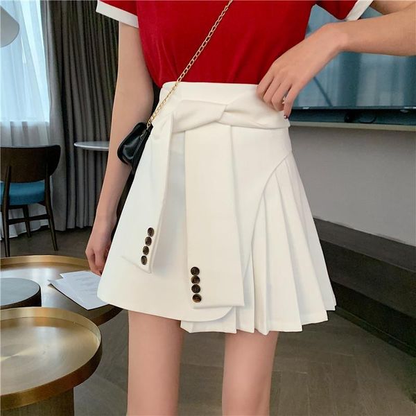 

women 2020 summer high waist fashion solid mini skirt female pleated short skirt new ladies elegant slim chic a-line skirts y232, Black