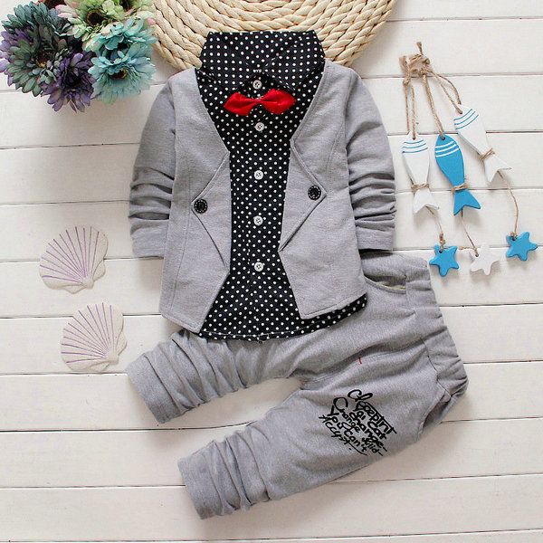 

Baby Boys Autumn Casual Clothing Set Baby Kids Button Letter Bow Clothing Sets Babe jacket pant 2pcs Set, Gray