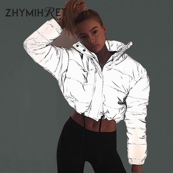 

zhymihret autumn reflective warm parka long sleeve turn down collar winter jacket women zippers short coat fashion outwear, Black
