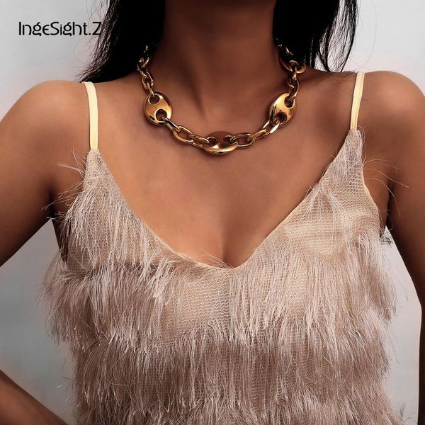 

punk hip hop curb cuban thick short choker necklaces statement gold color pig nose collar necklace women men jewelry, Silver
