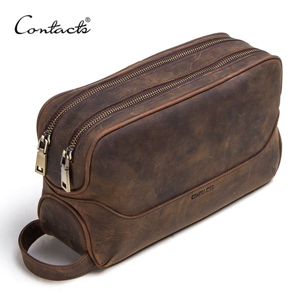 

contact's crazy horse genuine leather men's cosmetic bag male toiletry bag vintage wash bags man's make up bags travel organi