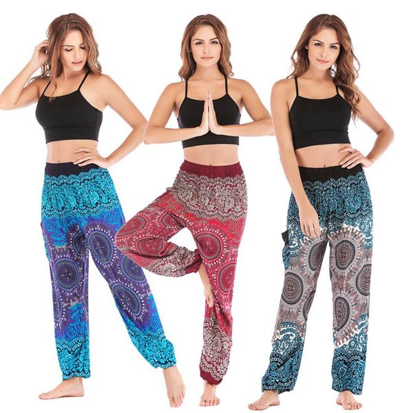 

women casual bohemian yoga pants loose elastic waist  high waist print casual, sport, long sport pants, White;red