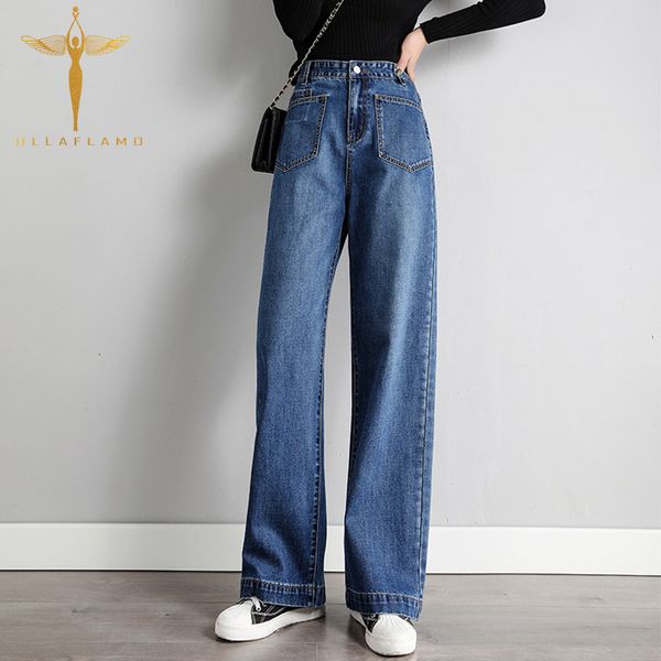 

fashion women mopping high waist vertical straight jeans wide leg pants office lady casual wide leg pants denim for women, Blue