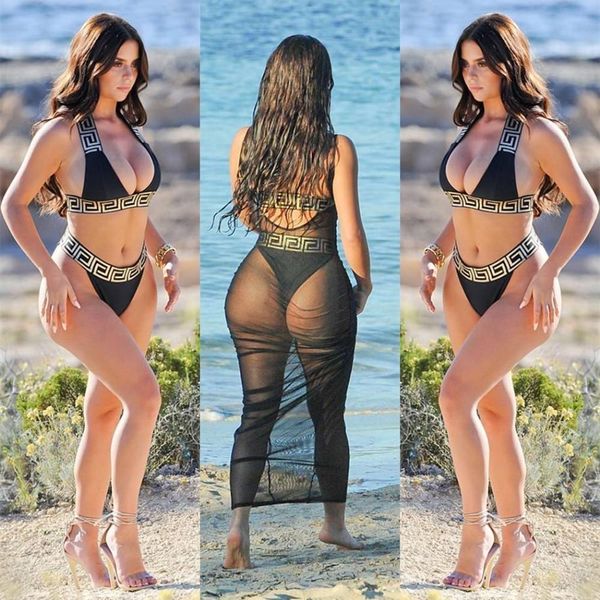 

women 2pcs bikini sets tankinis halter letters f bra underwears briefs swimsuits bikinis summer clothes, Black;gray