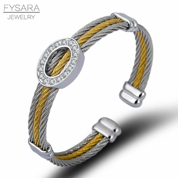 

fysara stainless steel cable wire jewery hollow circle cubic zirconia cuff bracelets trendy crystals twist bracelets spring 2020, Black