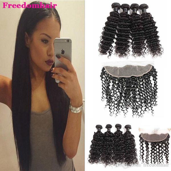 

9а grade монгольской deep water wave virgin hair связка с 13x4 фронтальных человеческими волосами перуанских сыпучей глубокой волны волосы д, Black;brown