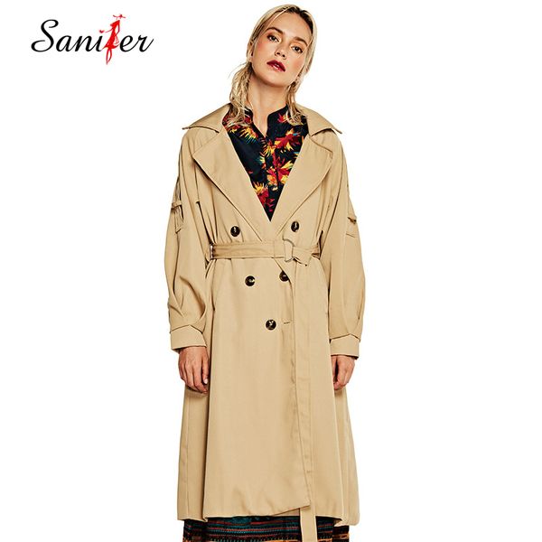 

autumn women double breasted long trench coat khaki with belt classic casual office lady business outwear slim windbreaker, Tan;black