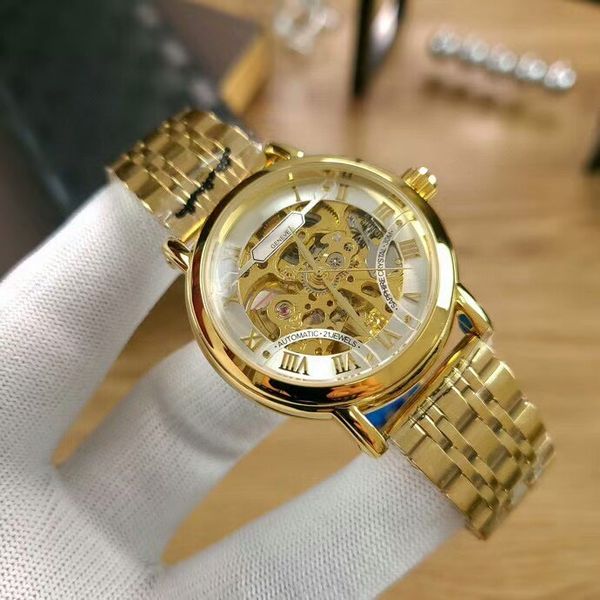 

модные мужские часы механические автоматические золотые полный диапазон нержавеющей стали часы движения для подарка людей orologio ди lusso, Slivery;brown