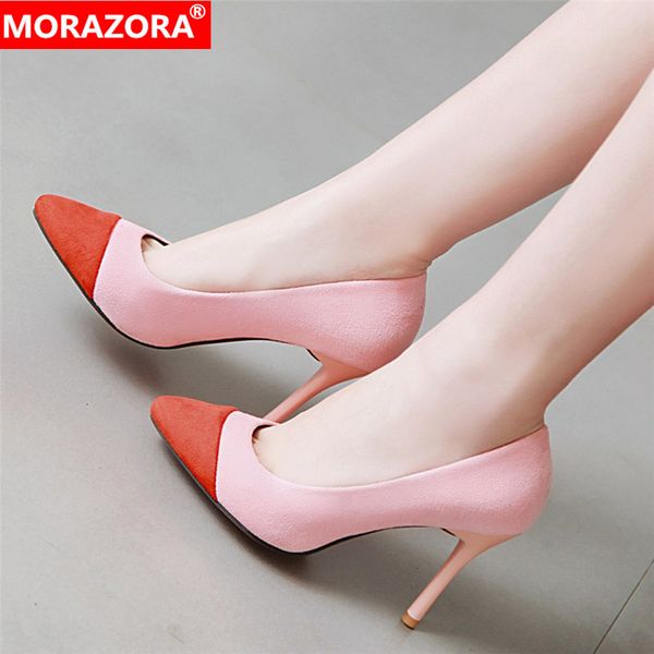 

morazora tamaÃ±o 34-43 nuevo llega tacones bÃ¡sicos para mujeres punta puntiaguda color mixto stiletto tacones altos damas fecha boda zapatos, Black