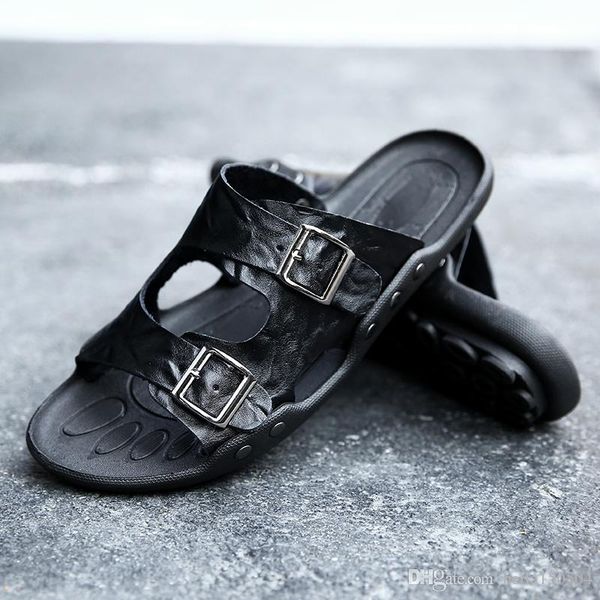 

genuine leather slippers mens flat sandals women shoes double buckle famous brand arizona summer beach flip flops quality, Black